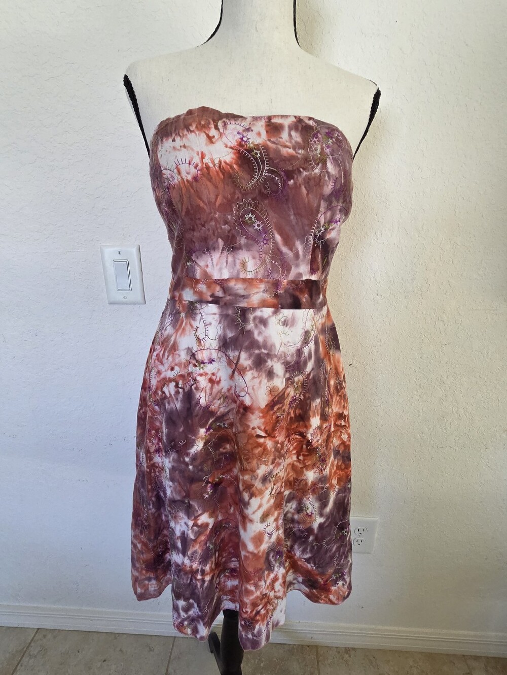 Womens Strapless Tie Dye Embroidered Dress Earth Tone Whimsical Fairycore S/M
